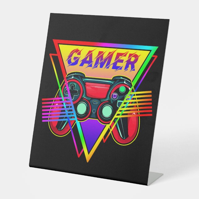 Retro Colourful Rainbow Gamer Computer Gaming  Pedestal Sign (Front)