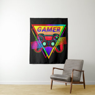 Retro Colourful Rainbow Gamer Computer Gaming  Tapestry
