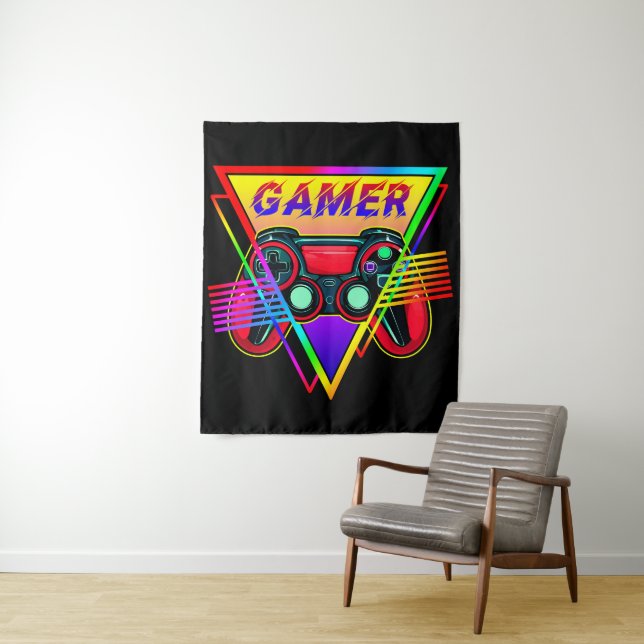 Retro Colourful Rainbow Gamer Computer Gaming  Tapestry (In Situ)