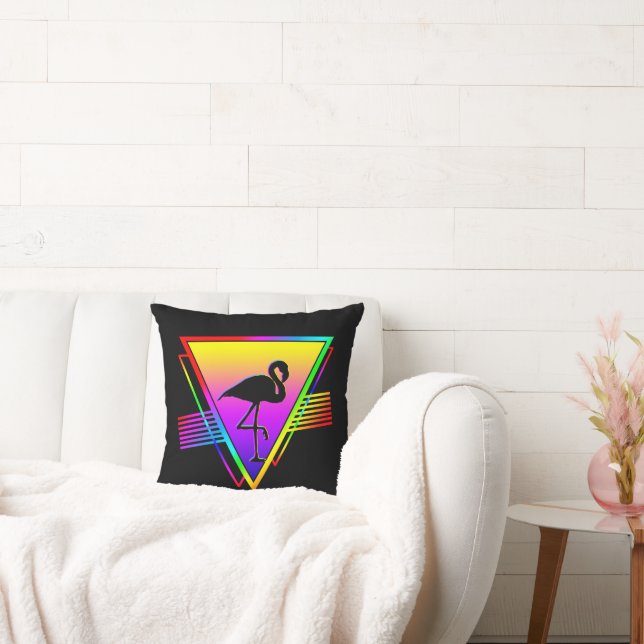 Retro Colourful Rainbow Modern Flamingo Bird Throw Pillow (Couch)