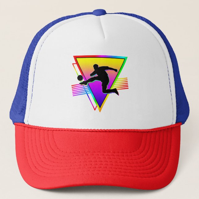 Retro Colourful Rainbow Soccer Player Trucker Hat (Front)