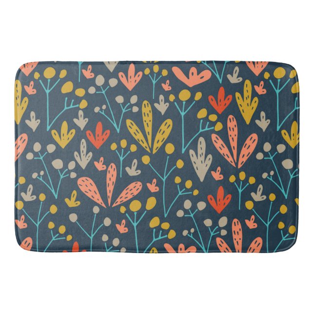 Retro Colourful Rustic Floral Leaf Pattern Bath Mat (Front)