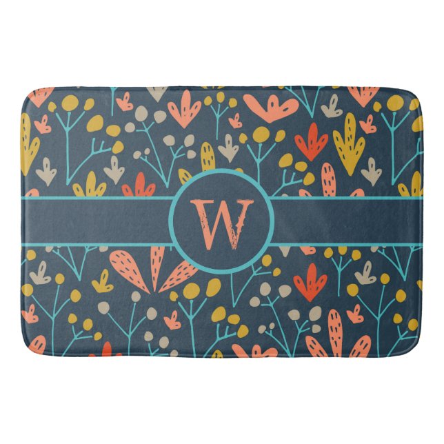 Retro Colourful Rustic Floral Leaf Pattern Monogra Bath Mat (Front)