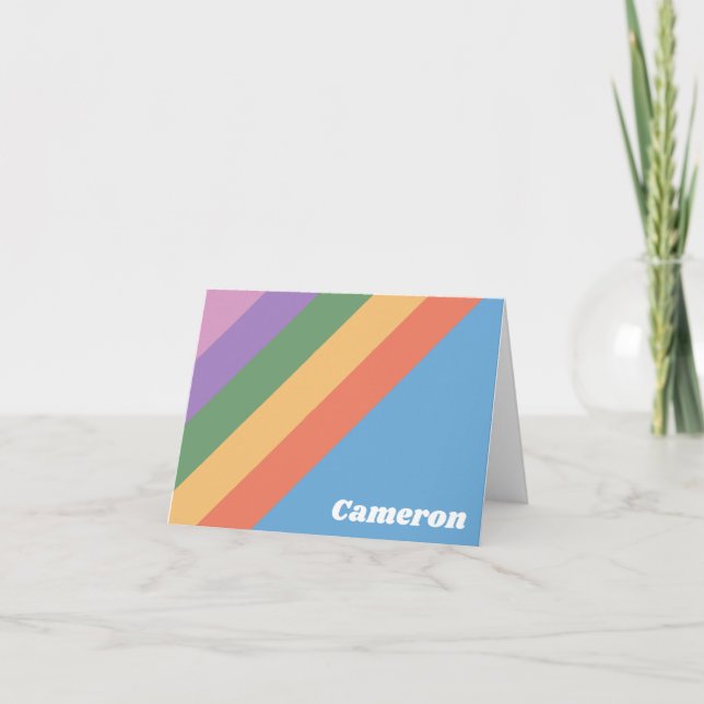 Retro Colourful Stripes Blue Personalized Name Note Card (Front)