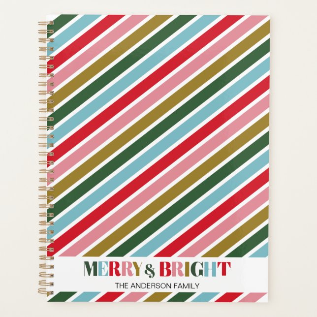 Retro Colourful Stripes Merry and Bright Christmas Planner (Front)