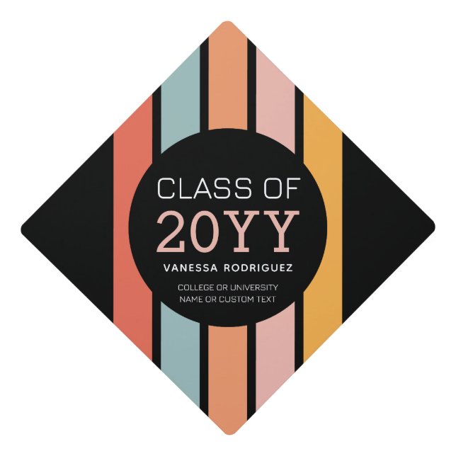 Retro Colourful Stripes Personalized Graduation Cap Topper (Front)