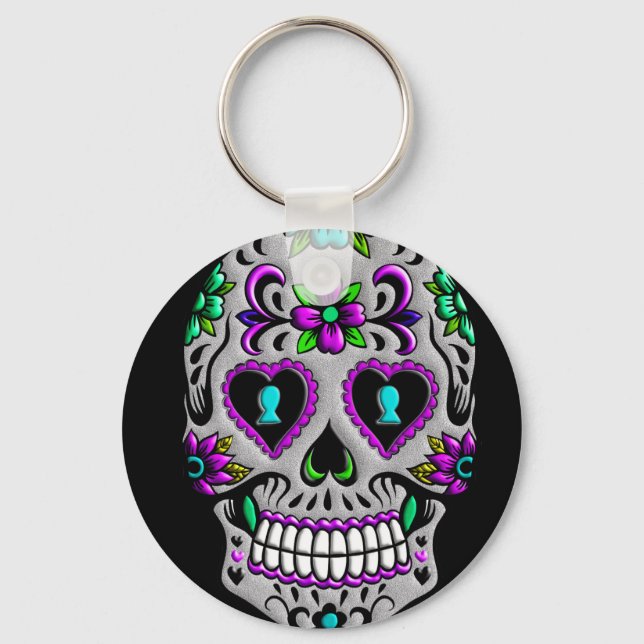 Retro Colourful Sugar Skull Keychain (Front)