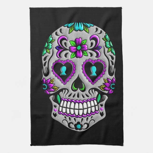 Retro Colourful Sugar Skull Kitchen Towel (Vertical)
