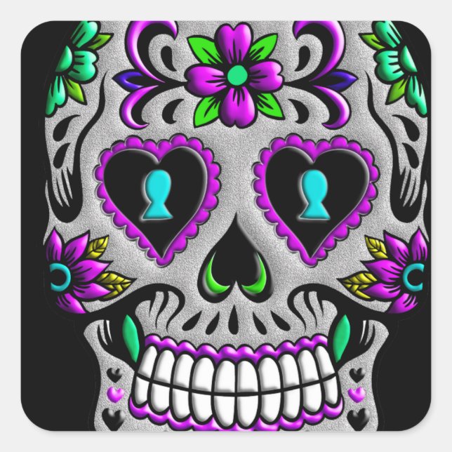 Retro Colourful Sugar Skull Square Sticker (Front)