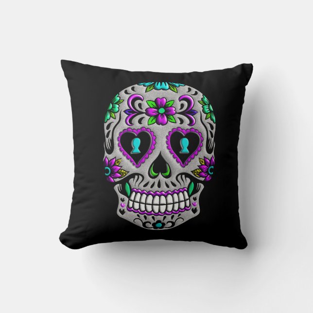 Retro Colourful Sugar Skull Throw Pillow (Front)