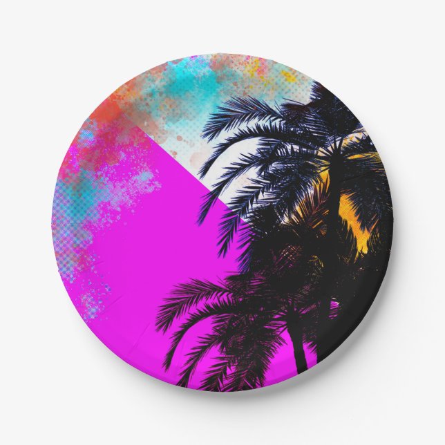 Retro Colourful Summertime Beach Party Palm Trees Paper Plate (Front)