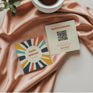 Retro Colourful Sunburst with QR Code - Elegant Square Business Card