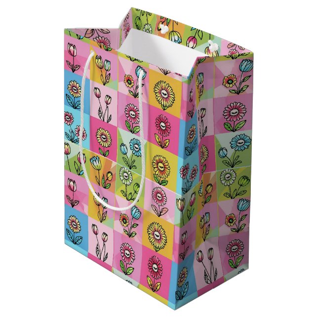 Retro Colourful trendy Flowers pattern Birthday pa Medium Gift Bag (Back Angled)