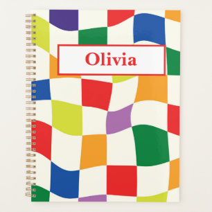 Retro Colourful Warped Checkerboards Custom Name  Planner