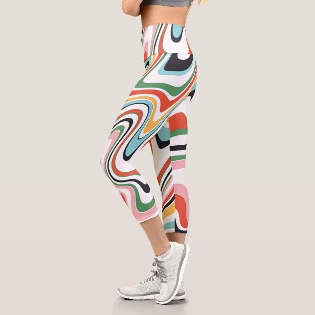 Retro Colourful Wavy Lines Modern Design Capri Leggings (Left)