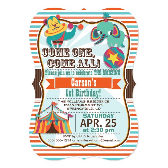 Retro Colours Circus Animals Birthday Party Card