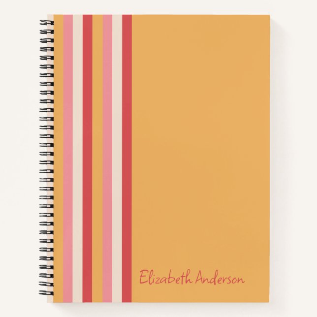 Retro Colours Orange Pink Gold Stripes Girls Name Notebook (Front)