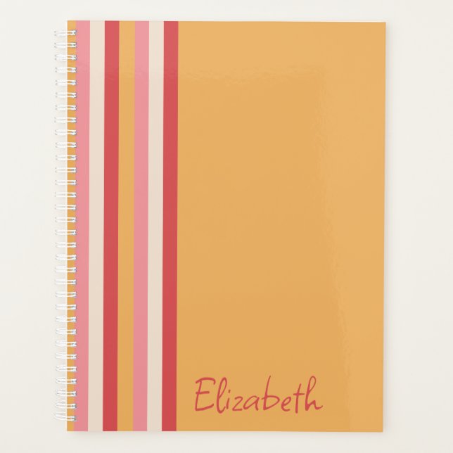 Retro Colours Orange Pink Gold Stripes Script Name Planner (Front)