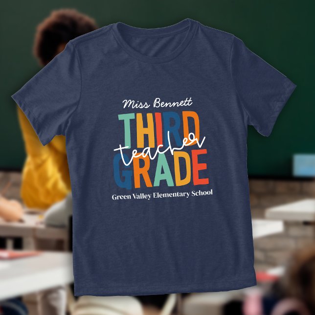 Retro Colours Third Grade Teacher Add Name Tri-Blend Shirt (Creator Uploaded)