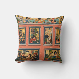 Retro Comic Apartment Life Windows Throw Pillow
