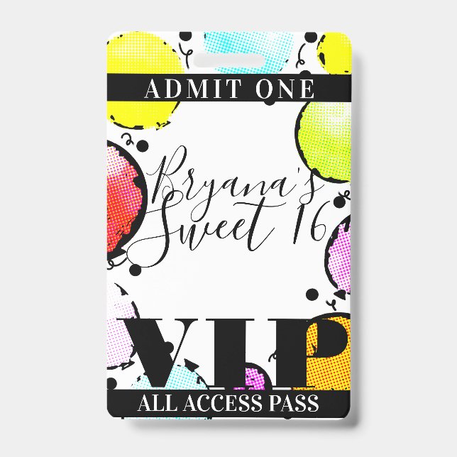 Retro Comic Balloons Sweet 16 Party VIP Pass Badge (Front)