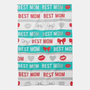 Retro Comic Best Mom Hearts Lips Bow Kitchen Towel