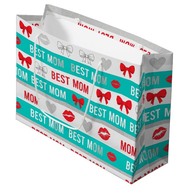 Retro Comic Best Mom Hearts Lips Bow Large Gift Bag (Front Angled)