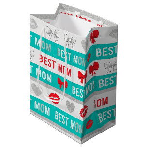 Retro Comic Best Mom Hearts Lips Bow Medium Gift Bag