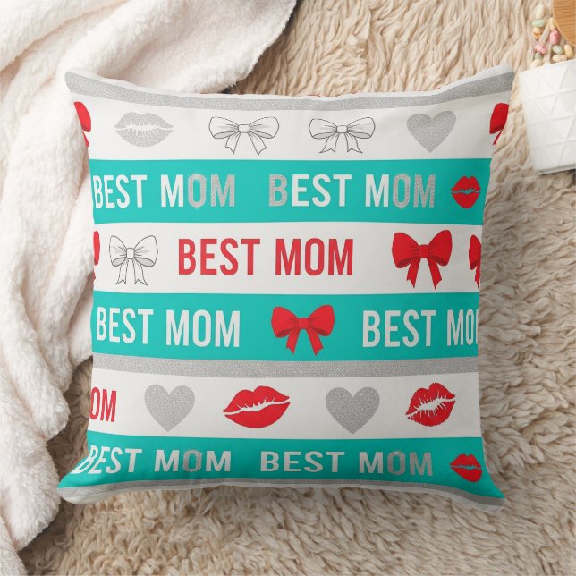 Retro Comic Best Mom Hearts Lips Bow Throw Pillow (Blanket)