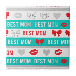 Retro Comic Best Mom Hearts Lips Bow Tile