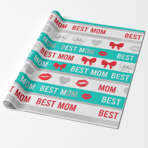 Retro Comic Best Mom Hearts Lips Bow Wrapping Paper