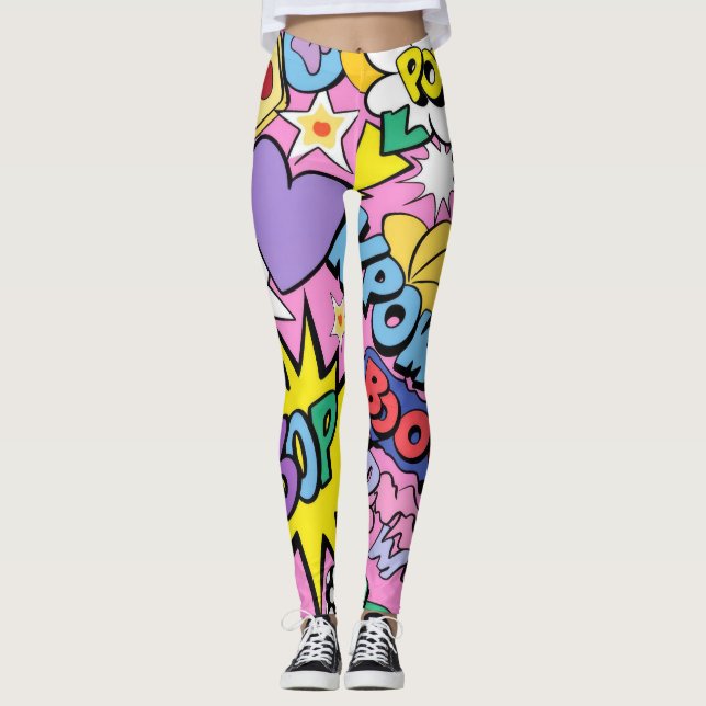 Retro Comic Book Pop Art Collage Leggings (Front)