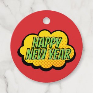 Retro Comic Book Style Happy New Year Favour Tags