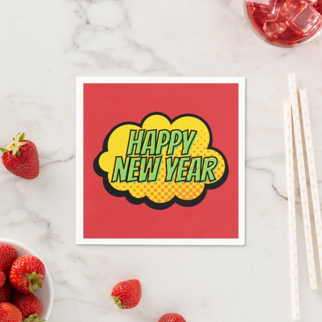 Retro Comic Book Style Happy New Year Napkin (Insitu)