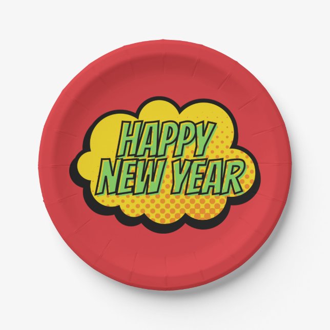 Retro Comic Book Style Happy New Year Paper Plate (Front)
