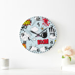 Retro Comic Explosion Pop Art Large Clock<br><div class="desc">Add a burst of energy to your space with this comic-style wall clock featuring vibrant “BAM” and “BOOM” graphics and bold pop art design. Ideal for bedrooms, offices, or creative spaces, this clock is perfect for fans of retro comics and fun decor that makes a statement.</div>
