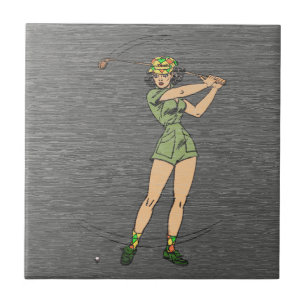 Retro Comic Lady Golfer Tile