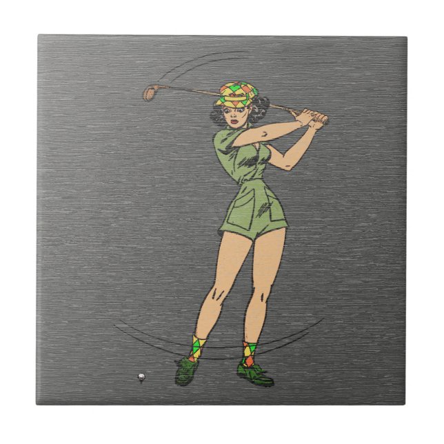 Retro Comic Lady Golfer Tile (Front)