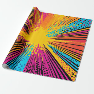 Retro Comic Yellow Explosion Red Blue Wrapping Paper