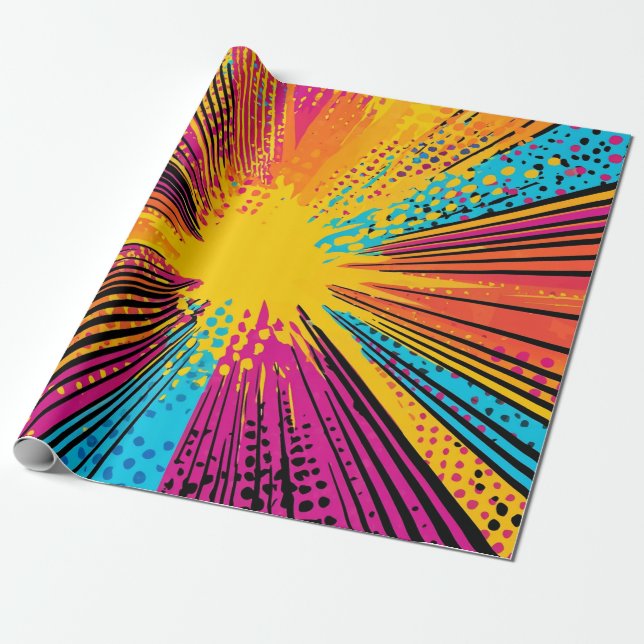 Retro Comic Yellow Explosion Red Blue Wrapping Paper (Unrolled)