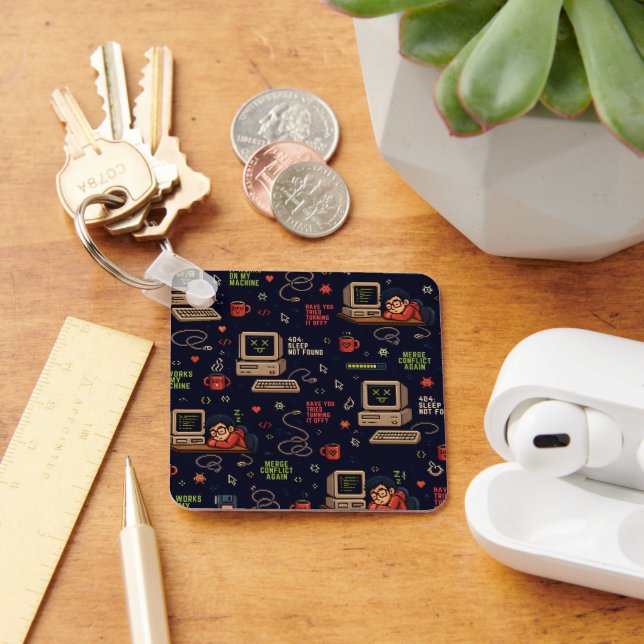 Retro Computer Pixel Art Tech Pattern Keychain (Desk)