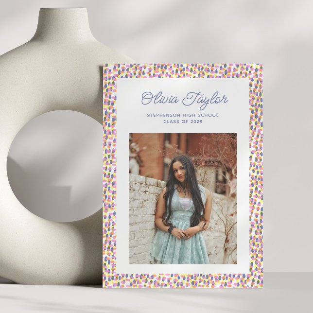 Retro Confetti Dots Fun Border Photo Graduation Announcement (Creator Uploaded)