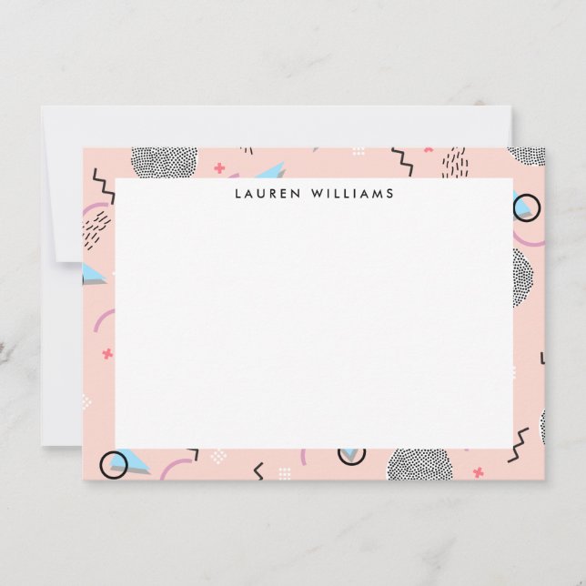 Retro Confetti Memphis Pattern Pink Flat Notecard (Front)