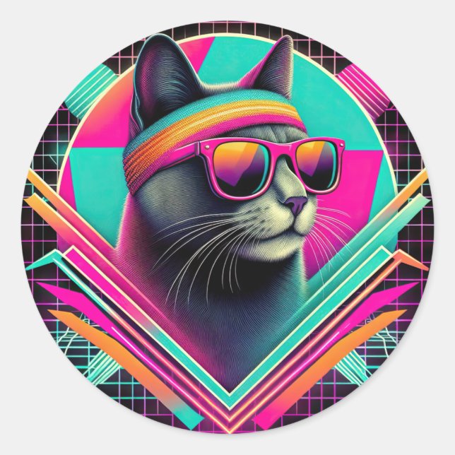 Retro Cool Cat Classic Round Sticker (Front)