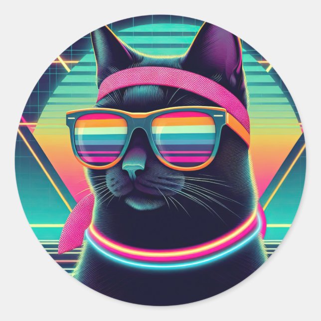 Retro Cool Cat Classic Round Sticker (Front)