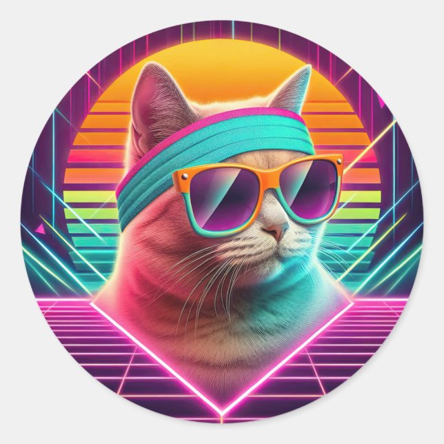 Retro Cool Cat Classic Round Sticker (Front)