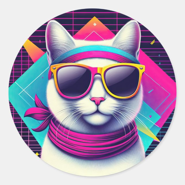 Retro Cool Cat Classic Round Sticker (Front)