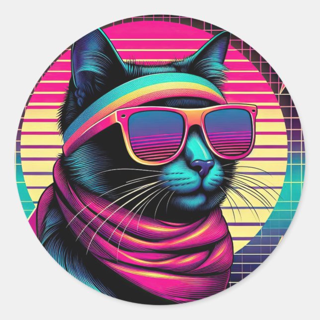 Retro Cool Cat Classic Round Sticker (Front)