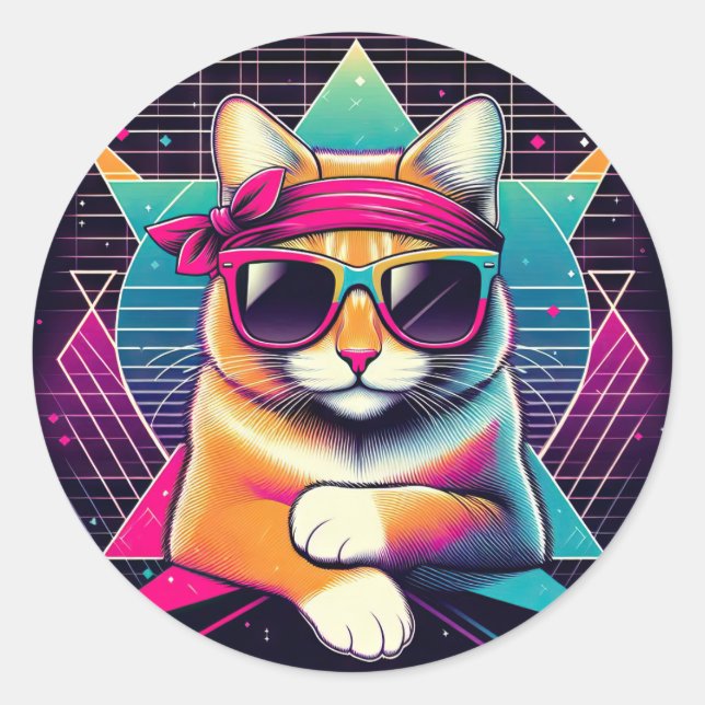 Retro Cool Cat Classic Round Sticker (Front)