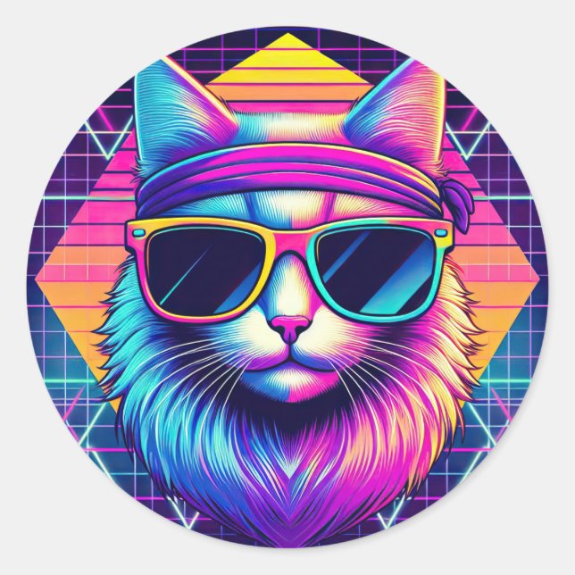Retro Cool Cat Classic Round Sticker (Front)